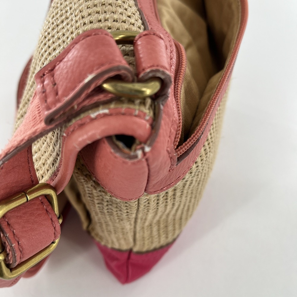 Rare Vintage Fossil Crossbody Messenger Straw & Leather Tablet Bag Pink Coral - Picture 10 of 16
